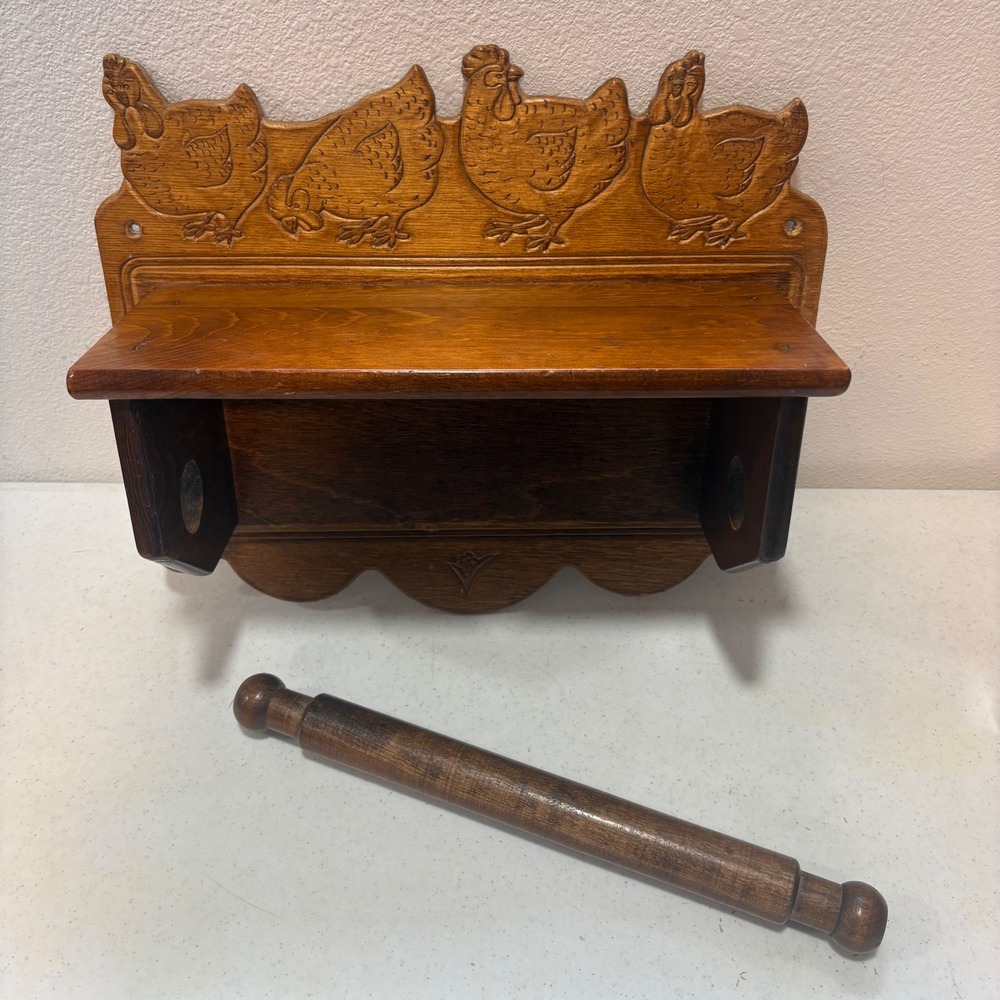 Vintage Carved Wood Chicken Hen Paper Towel Holder Wall Mount Shelf Farmhouse - Picture 10 of 13